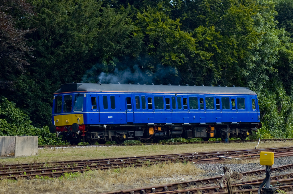 Former Chiltern Railways Class 121 Bubble Car No. 121020 leaves Bodmin Parkway with a service to Bodmin General
